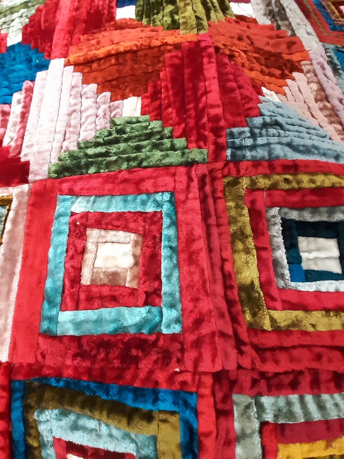 Late 19th Century Decorative Velvet Log Cabin Patchwork Bed Cover, with pom pom trims and a - Image 2 of 4