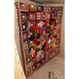 Late 19th Century Decorative Velvet Log Cabin Patchwork Bed Cover, with pom pom trims and a