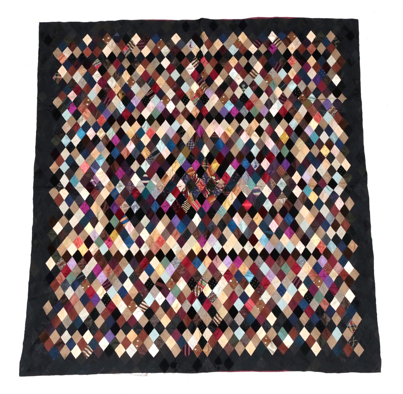 Victorian Silk Patchwork, comprising coloured silks in a diamond pattern, central pattern and