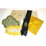 Assorted Decorative Early 20th Century Silk Panels, comprising a black silk stole with taffeta