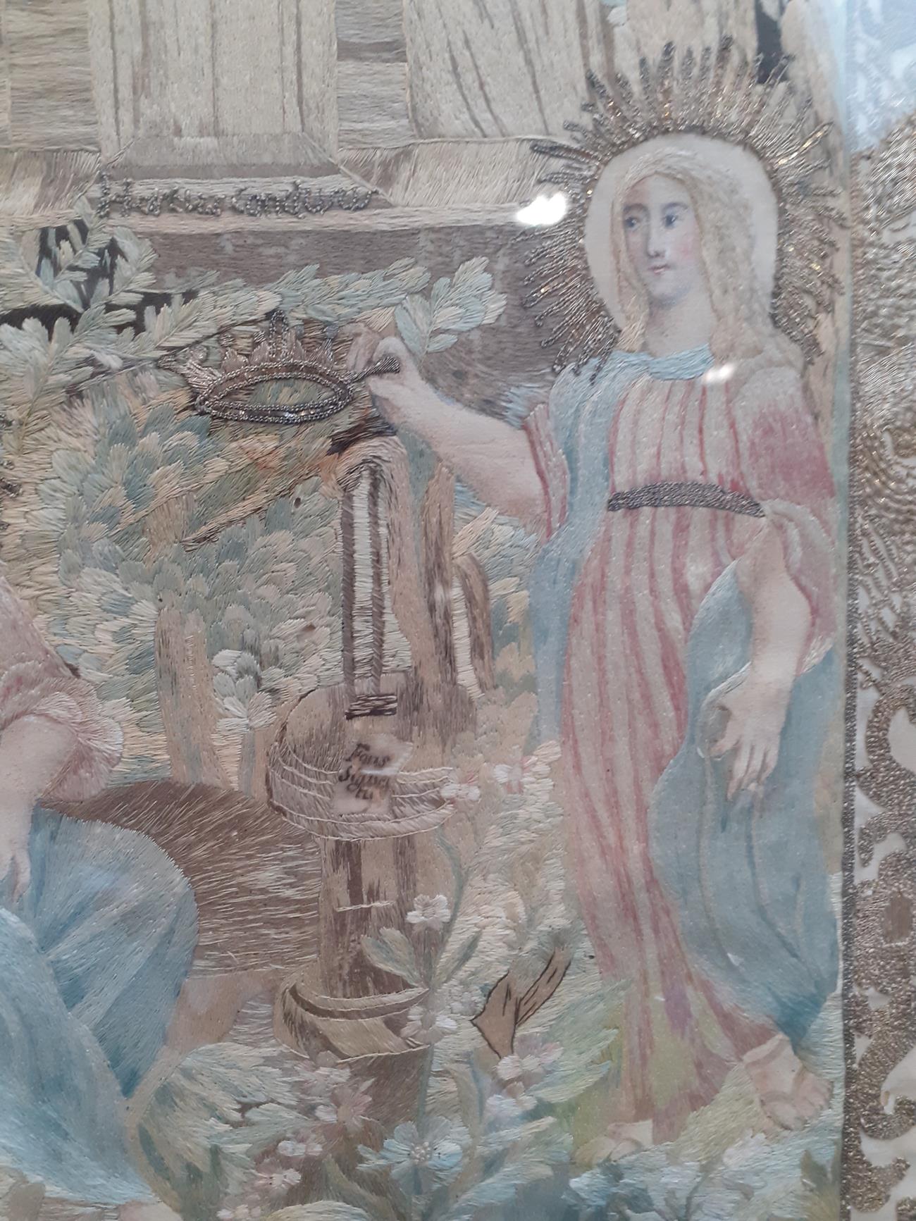 19th Century Ecclesiastical Silk Embroidered Picture, worked on a cream silk ground depicting two - Bild 6 aus 15