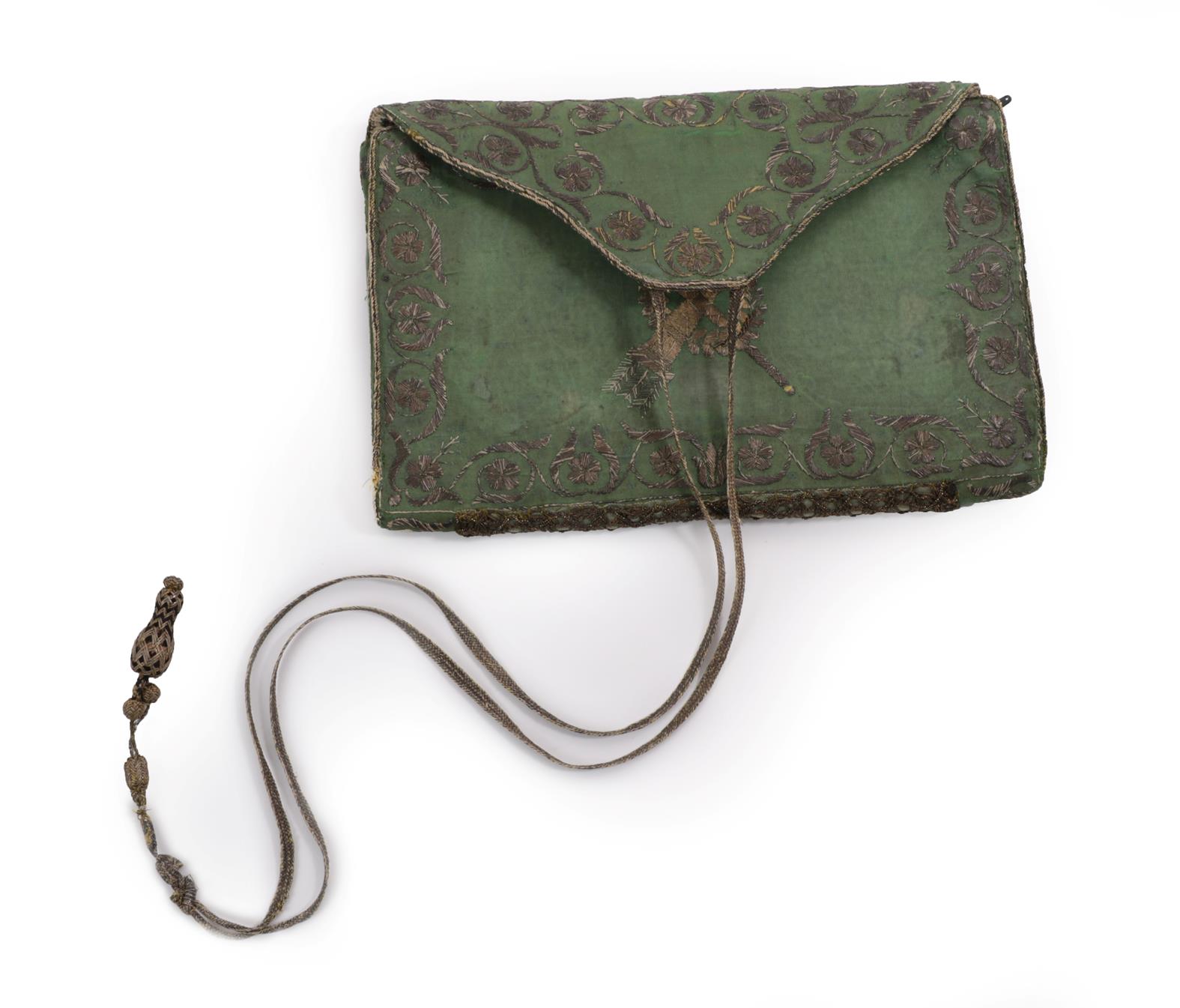 18th Century Green Silk Wallet embroidered in silvered threads around the edges, monogrammed with '