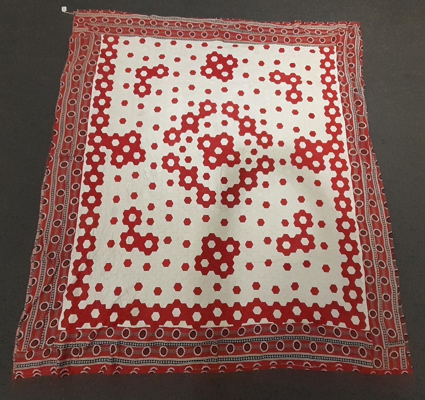 Late 19th Century Red and White Hexagonal Patchwork Quilt, within a red, black and white stripped - Image 2 of 5