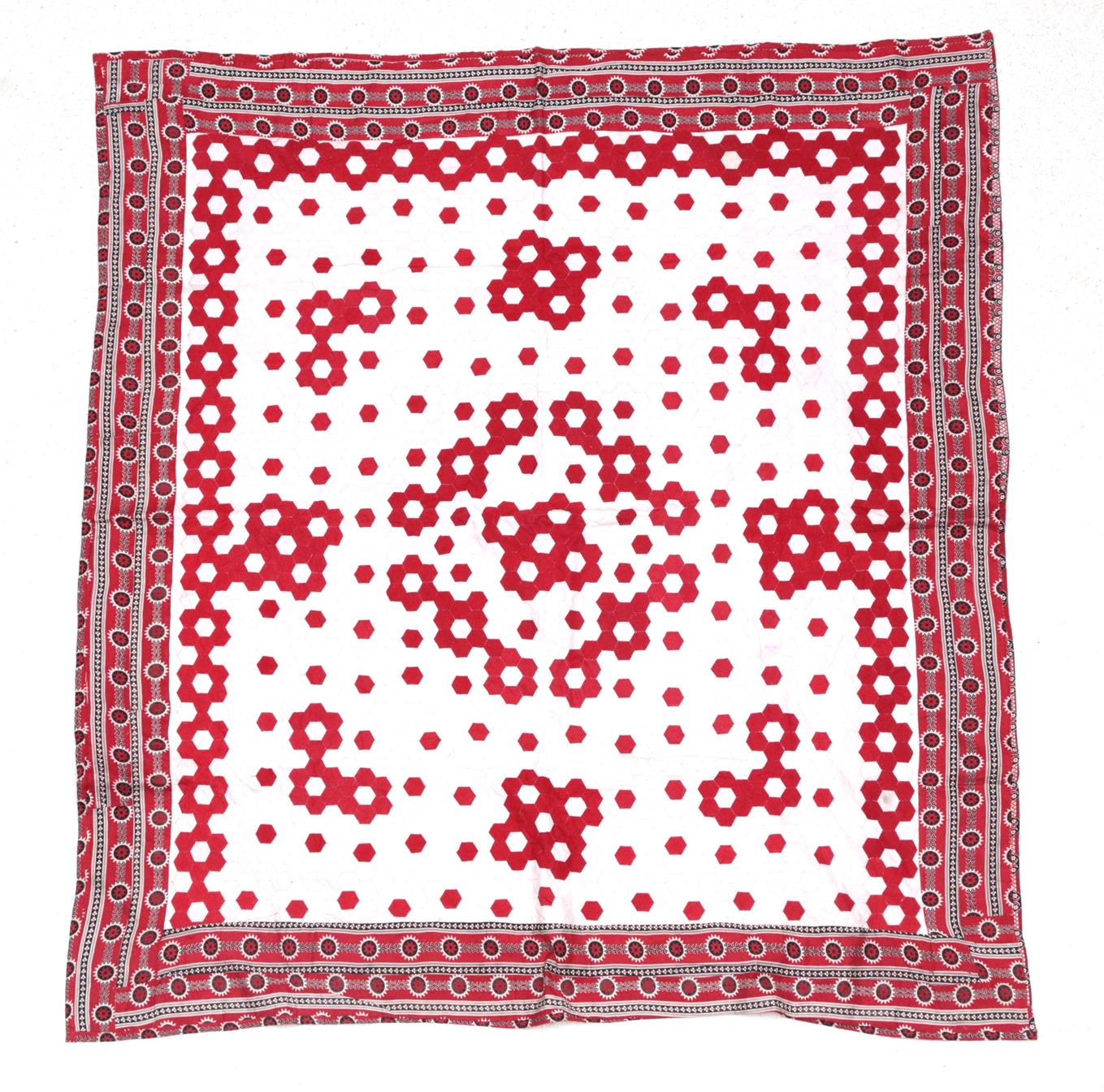 Late 19th Century Red and White Hexagonal Patchwork Quilt, within a red, black and white stripped