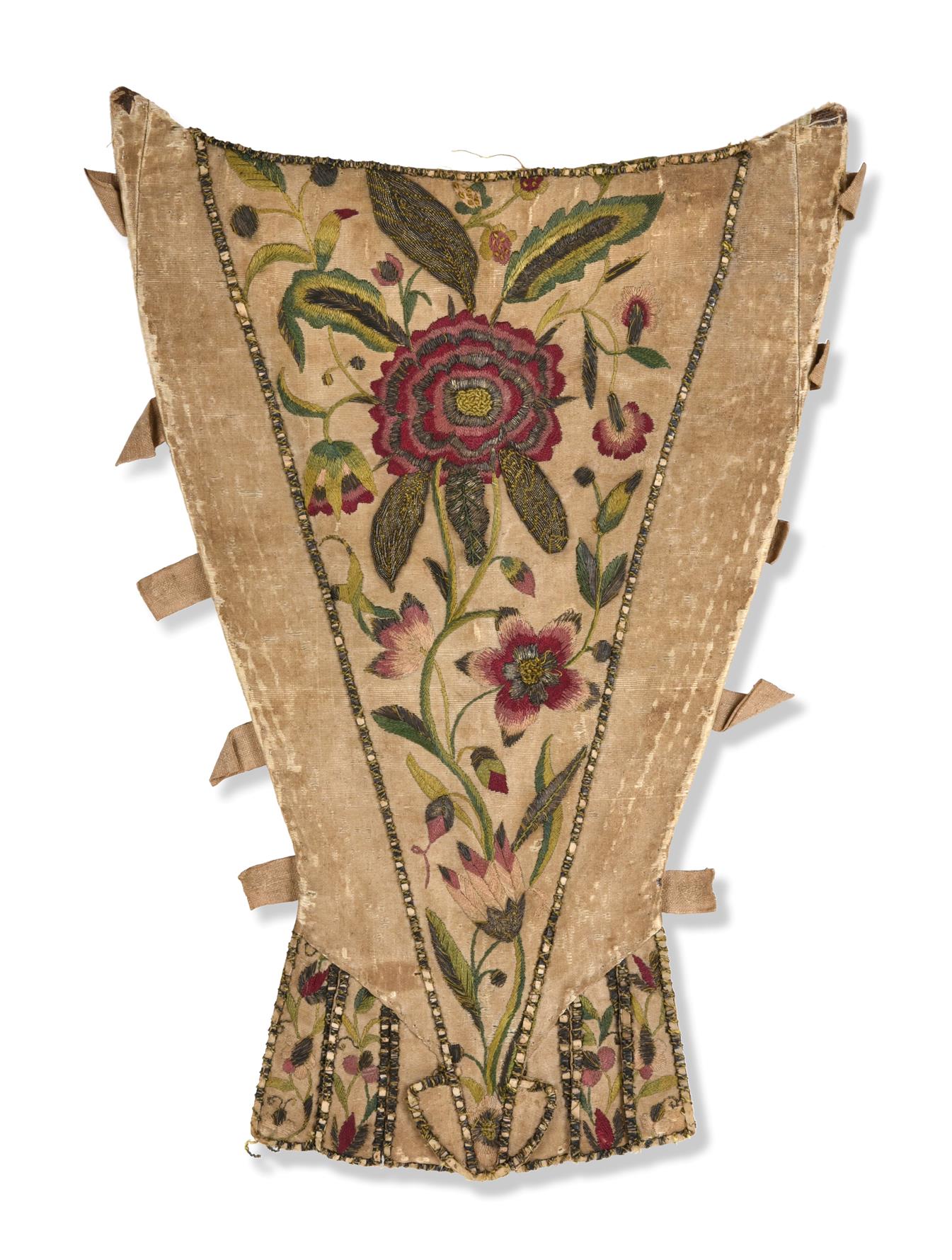 Circa 1720 English Stomacher worked on cream silk, decorated with coloured silk embroidered flower