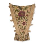 Circa 1720 English Stomacher worked on cream silk, decorated with coloured silk embroidered flower