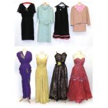 Assorted Circa 1940/60s Evening and Day Wear, comprising a Romney Model purple crepe full length