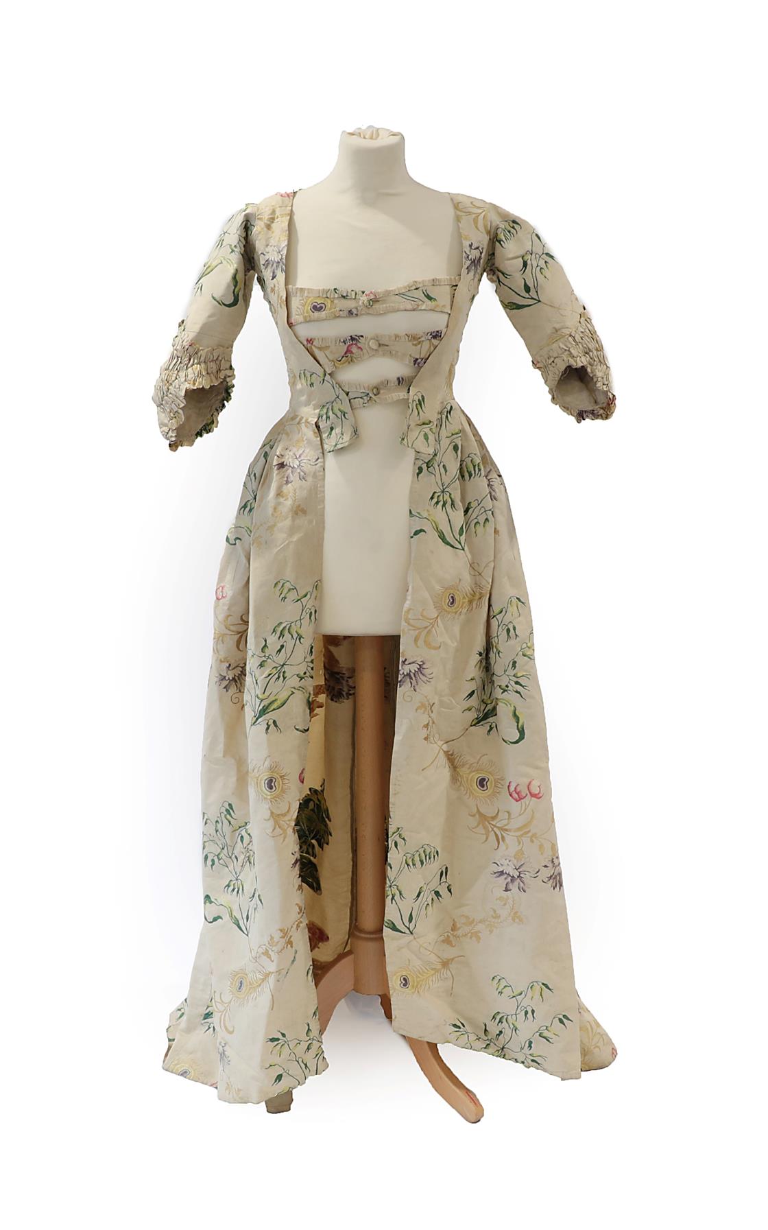 An 18th Century Spitalfields Silk Brocade Open Robe, with elbow length sleeves, three button and tab