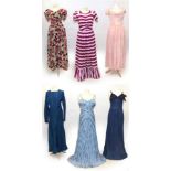 Circa 1930s/40s Full Length Evening Dresses, comprising a pink silk brocade dress with capped