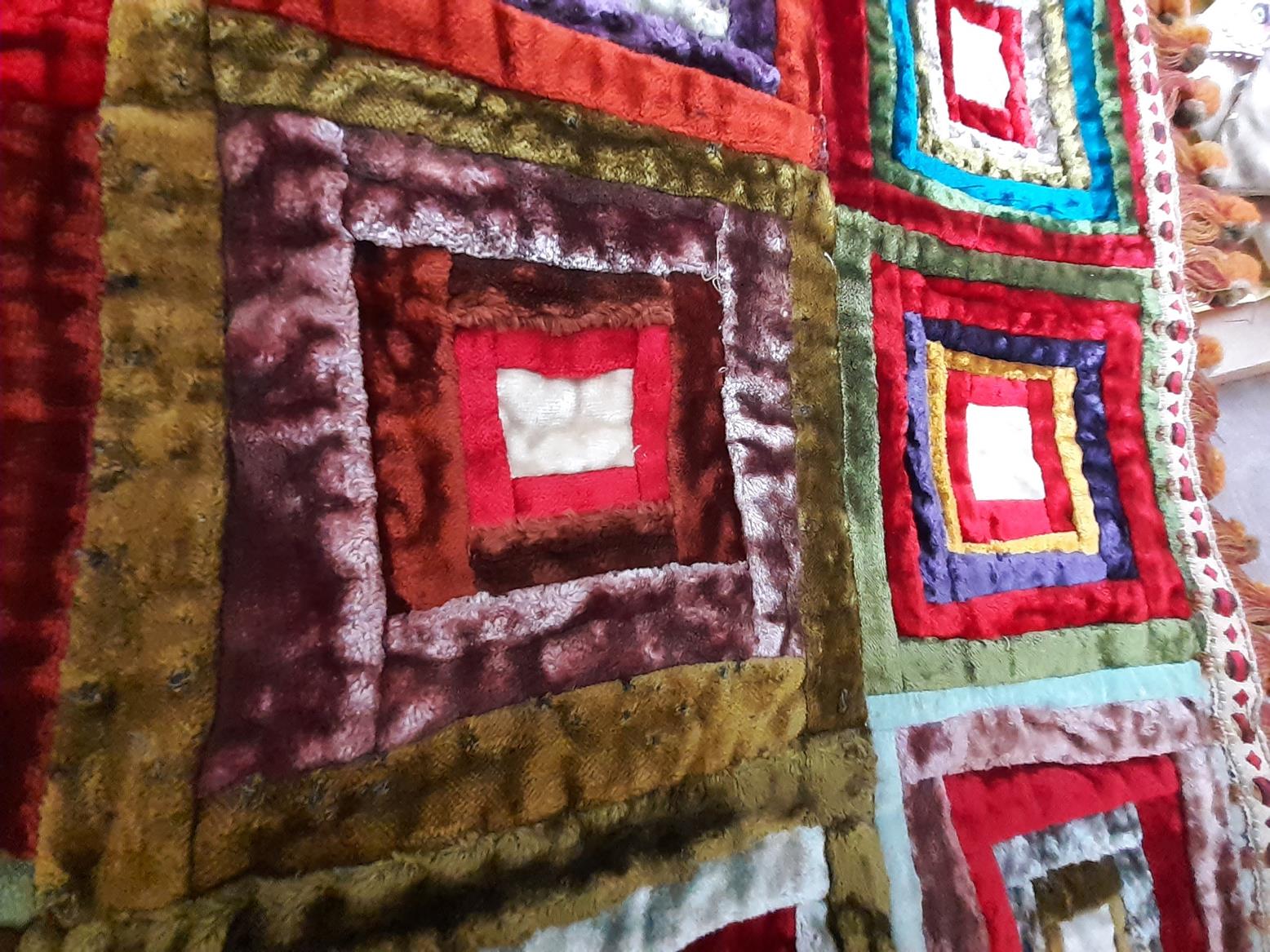 Late 19th Century Decorative Velvet Log Cabin Patchwork Bed Cover, with pom pom trims and a - Image 4 of 4