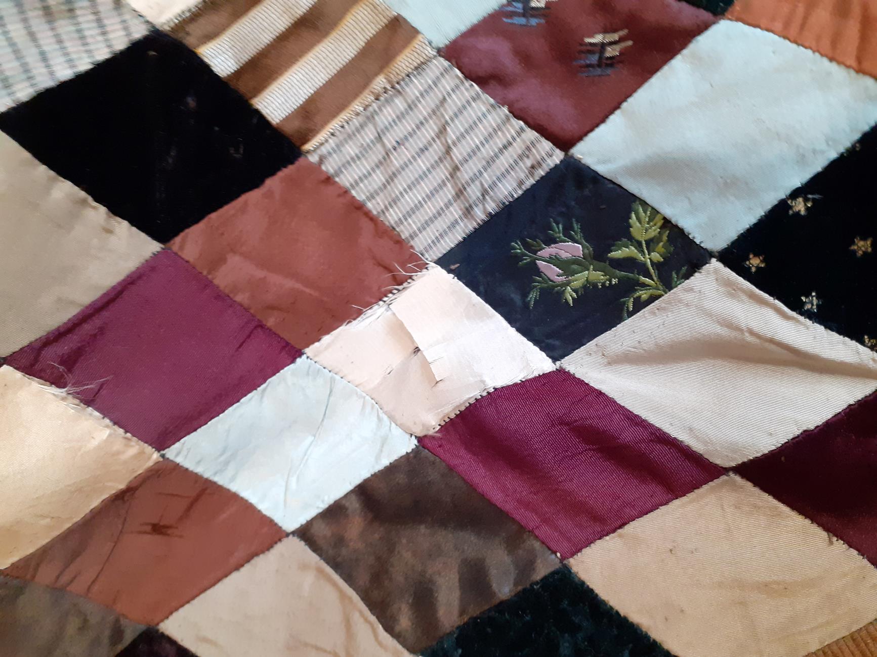 Victorian Silk Patchwork, comprising coloured silks in a diamond pattern, central pattern and - Image 13 of 13