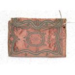 18th Century Rust Red Silk Pocket Book, with decorative green sinuous stem and leaf embroidery