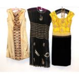 Eliane Montigny Paris Yellow Silk and Black Velvet Sleeveless Cocktail Dress, embroidered and