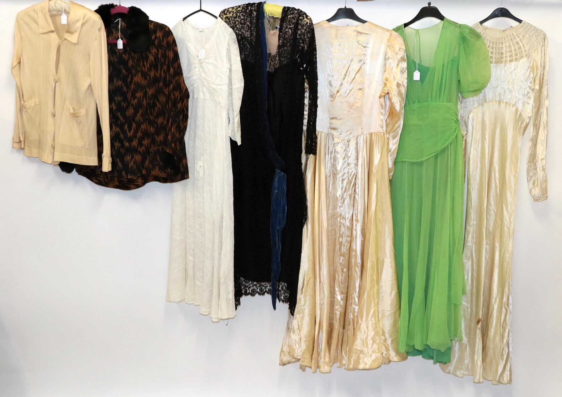 Assorted Circa 1920s/30s Costume, comprising a cream long sleeve silk wedding dress with v neck,