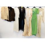 Assorted Circa 1920s/30s Costume, comprising a cream long sleeve silk wedding dress with v neck,