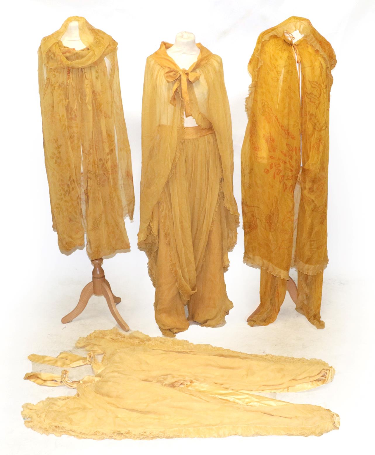 Opera Costumes, comprising a yellow and orange printed chiffon long cape, with hood and
