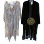 Zandra Rhodes Green Silk Velvet Devore Evening Coat with fringed hem; green silk circular evening