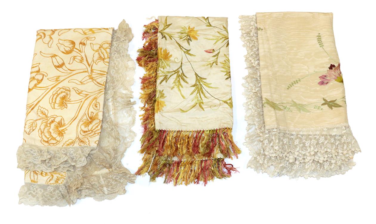 Early 20th Century Cream Silk Panel, embroidered overall with flowers in silk threads of yellow