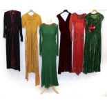 Circa 1930s/40s Evening Wear, comprising a green velvet full length dress with capped sleeves,