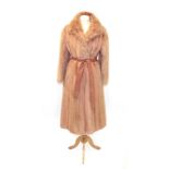 Pale Pink Mink Reversible Long Coat lined with pink suede, side pockets, suede belt. 40'' bust, 15''