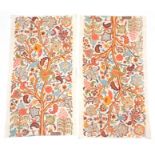 Pair of Crewelwork Panels/Curtains, depicting a central tree hung with large decorative leaves and