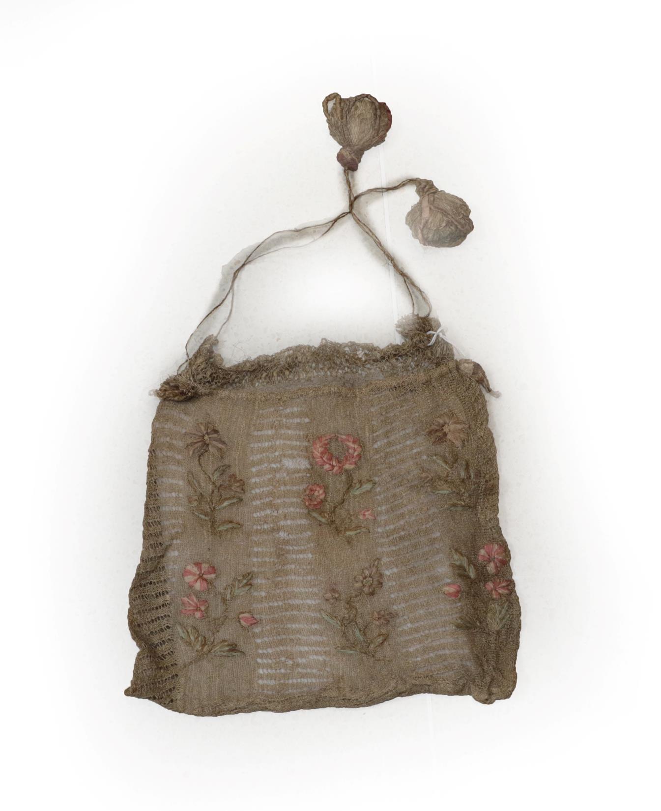 18th Century Pineapple Fibre Knitted Workbag decorated with floral sprays to the front and back in