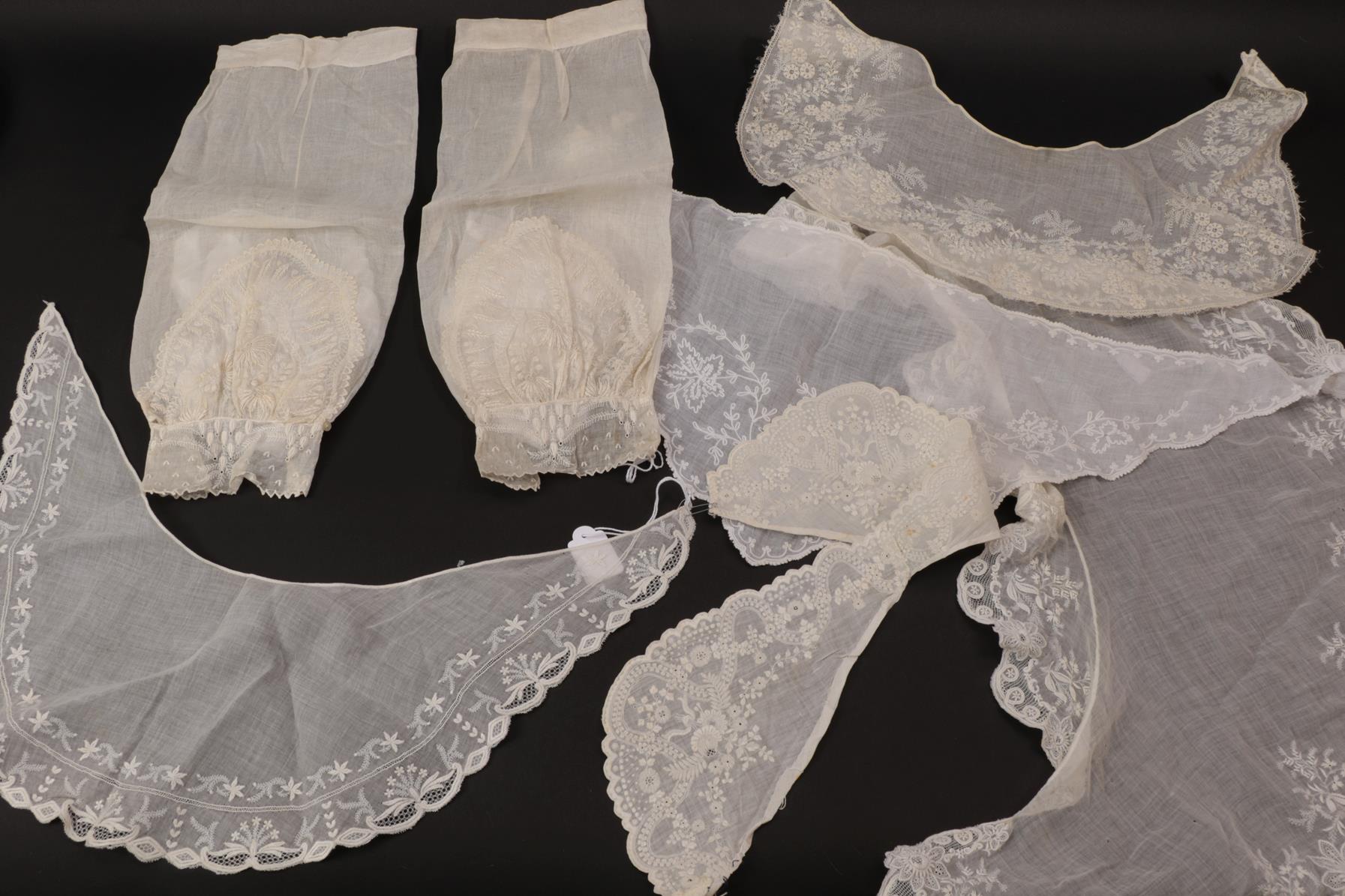 Pair of 19th Century White Cotton Muslin Engageantes with Ayrshire embroidery to the cuffs and lower