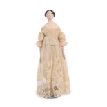 Early 19th Century Papier Mache Head and Shoulder Doll, with black painted hair, pink cheeks and