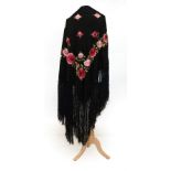 Early 20th Century Black Silk Shawl, embroidered around the border with alternating dark and pale