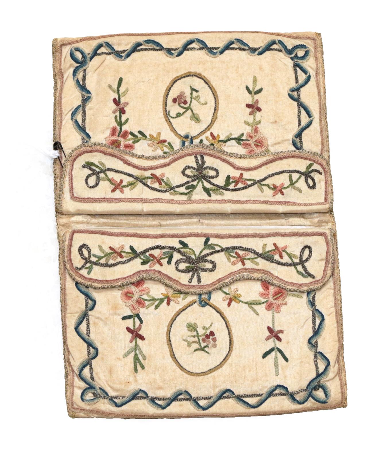 18th Century Cream Silk Wallet/Pocket Book, embroidered with floral sprigs within a rectangular