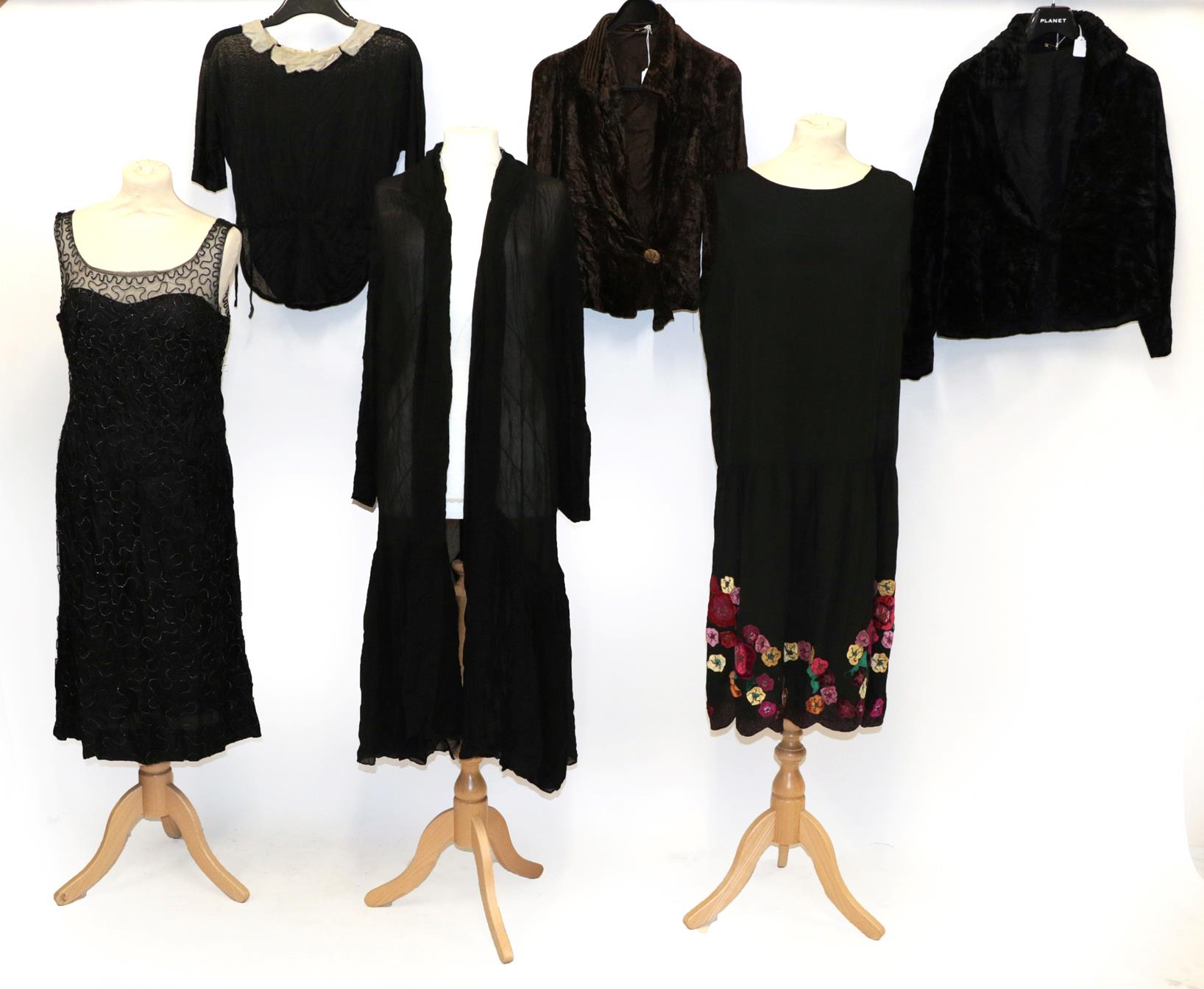 Circa 1920s Evening Wear, comprising a black silk sleeveless drop waist dress, with velvet flower