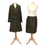 Modern Chanel Green Tweed Two Piece Skirt Suit, comprising a cropped double breasted jacket with