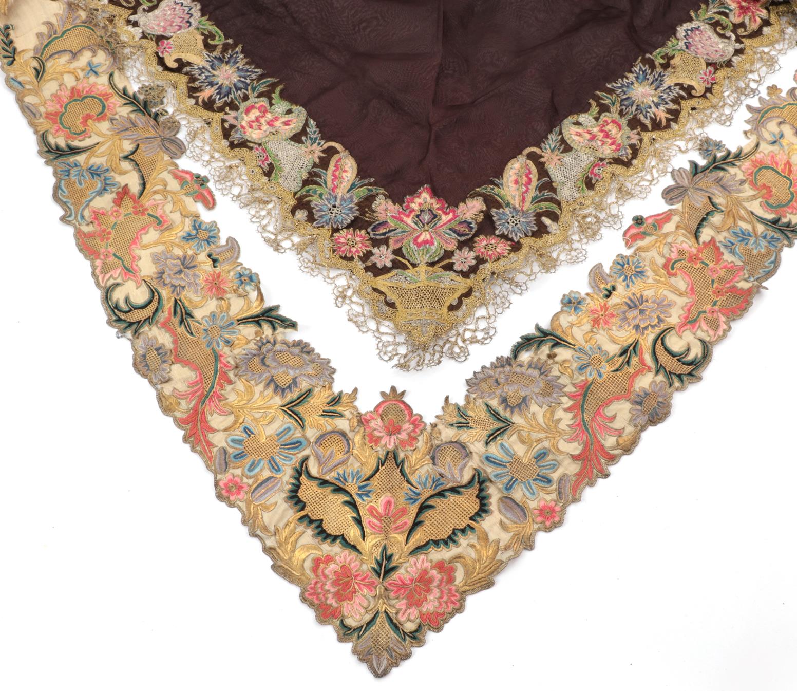 Mid 18th Century German Fichu of brown silk embroidered with silk and metal threads in a floral