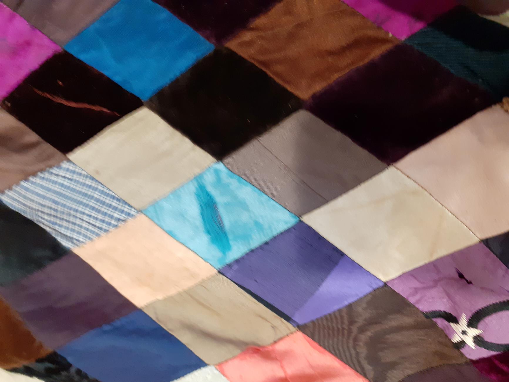 Victorian Silk Patchwork, comprising coloured silks in a diamond pattern, central pattern and - Image 6 of 13