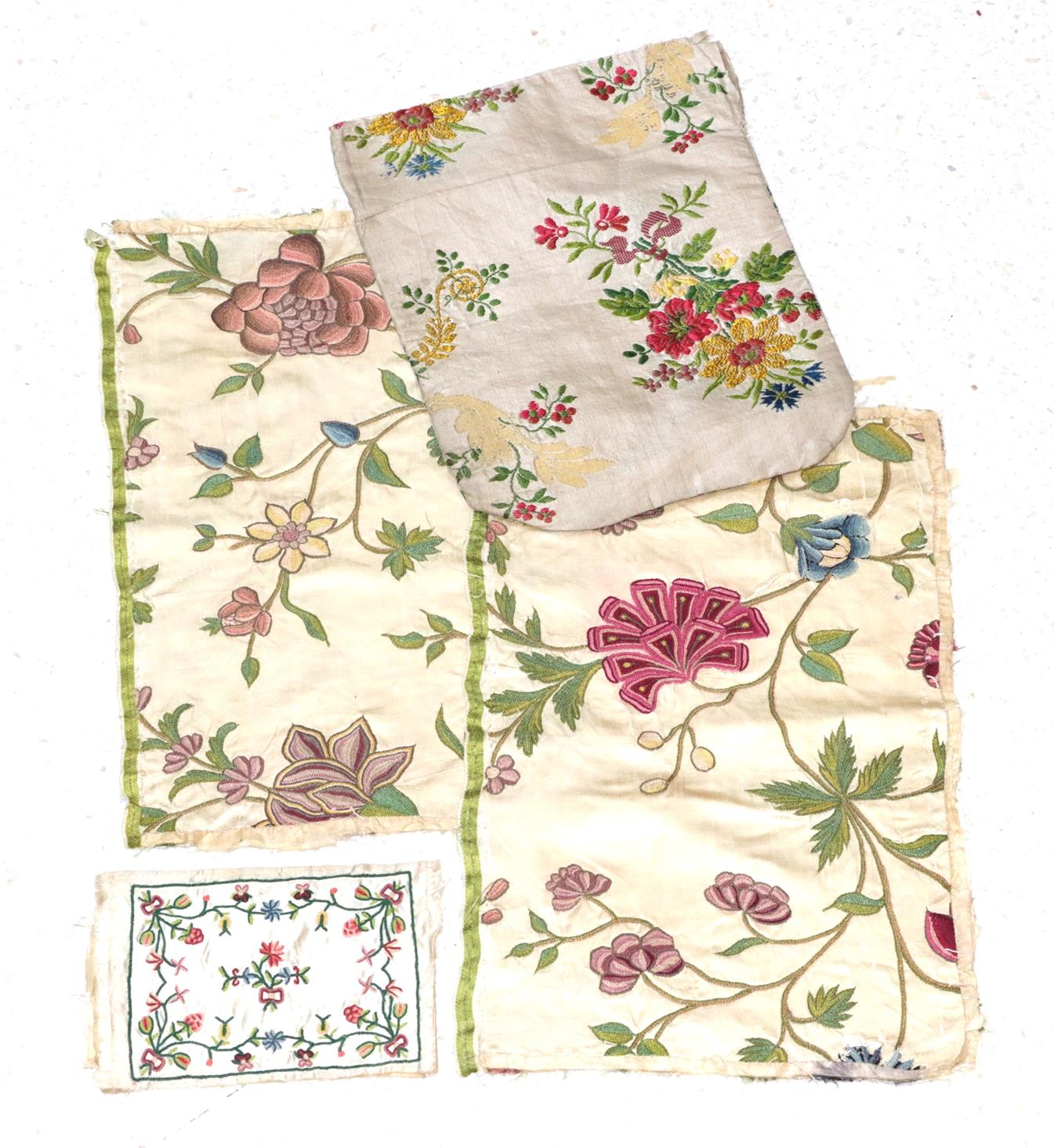 18th Century Silk Fabric Fragments, comprising a cream silk possibly pocket book cover (unfinished),