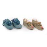 Pair of 19th Century Child's Silk Bootees, quilted blue silk rosettes to the front; a Pair of