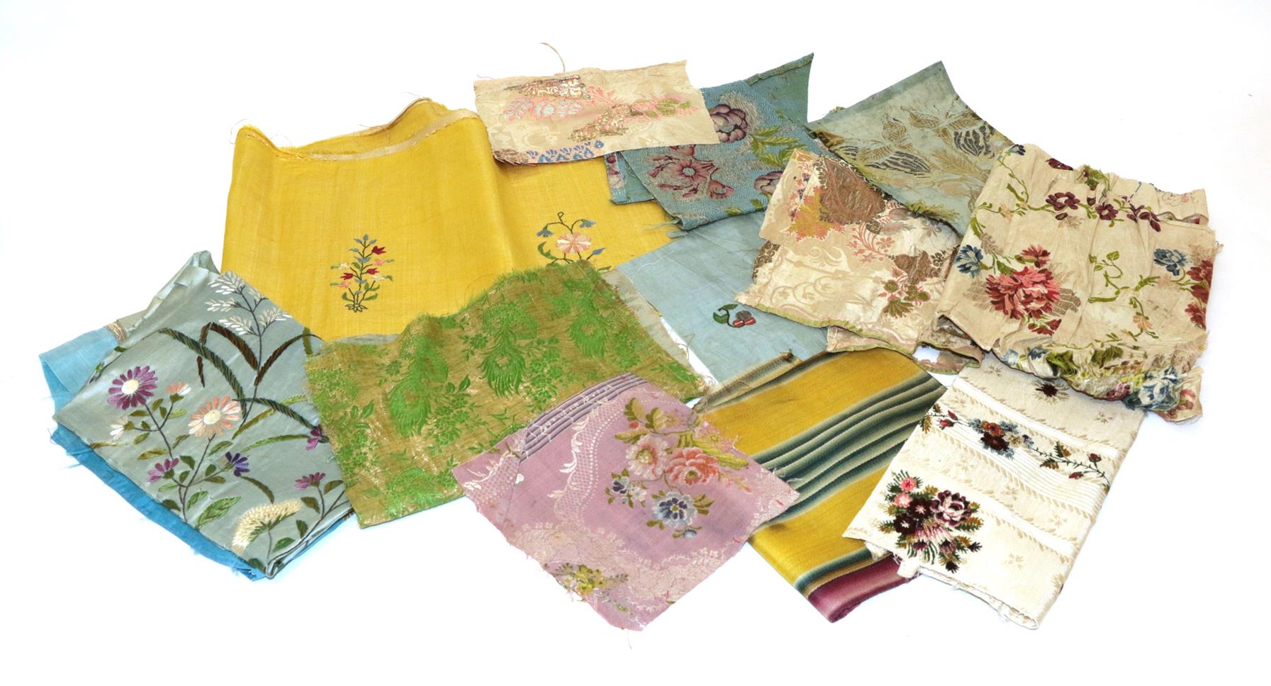 Assorted 18th Century and Later Silk Fabric Remnants, including a yellow silk fragment embroidered