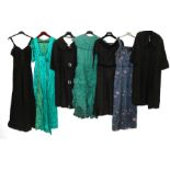 Circa 1940s/60s Evening Wear, comprising a black silk dress with three quarter length sleeves,