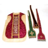 Late 19th Century Possibly French Ecclesiastical Chasuble and Stole in a red silk damask, with a