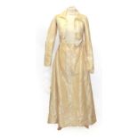 A Circa 1790 English Cream Silk Round Gown, with long sleeves, buttoned bodice with collar and