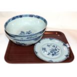 Two Chinese blue and white bowls (a.f.) together with a Chinese Quinglong dish, 23cm diameter (
