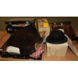 Four vintage suitcases, one containing fur coats, stoles, belts and other items, another