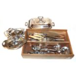 A collection of assorted silver and silver plate, the silver comprising a pair of modern duck