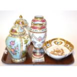 A pair of Dresden vases and covers, a pair of Samson vases and a Limoges dish (5). Dresden vases and