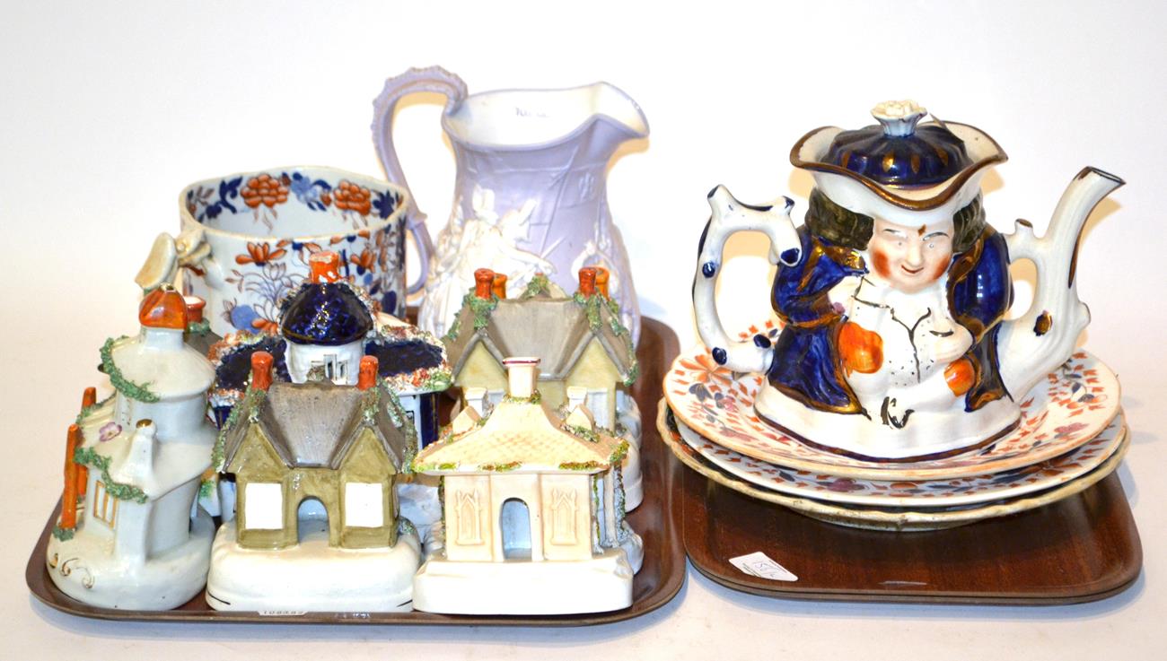 A collection of Staffordshire pastille burners of architectural form with other English ceramics (