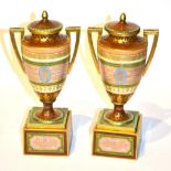 A pair of Vienna urn shaped vases and covers, raised on plinths (one a.f.), 23cm high (including