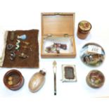 Assorted 19th century and later items including two dice in a cylindrical box and cover with glass