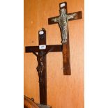 Two crucifix, one with initials G.D, tallest 37cm high, smaller 35cm . General wear overall