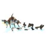 Austrian cold painted bronze hounds and eight miniature Austrian cold painted animals, largest two