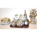 Continental flower encrusted ceramics including two Dresden lattice and flower encrusted jars and